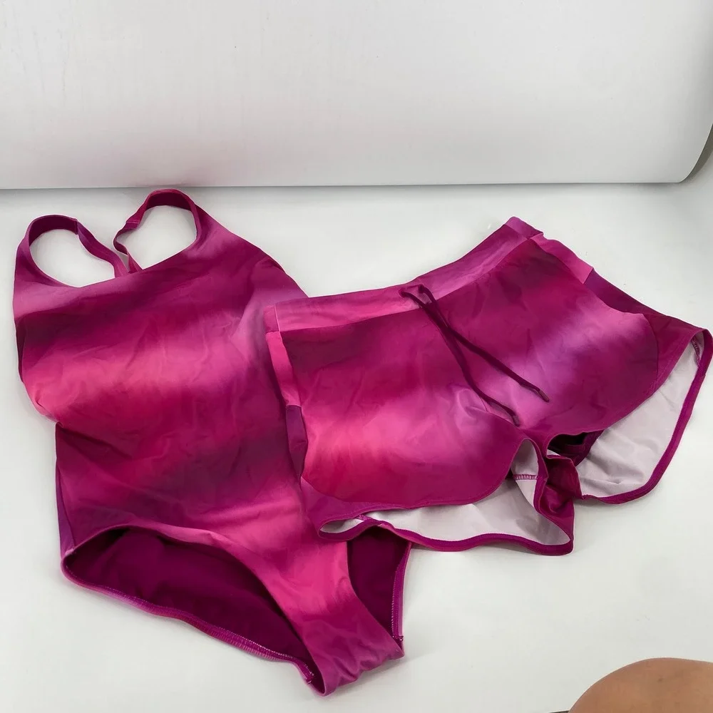 Athleta Swimsuit Set Womens Medium Pink Ombre One Piece & Swim Shorts